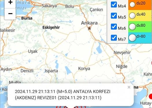 Meteoroloji Dairesi depremin Antalya Körfezinde 5.0 büyüklüğünde olduğunu açıkladı