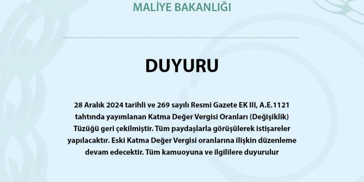 KDV Oranları Tüzüğü geri çekildi