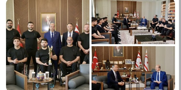 Cumhurbaşkanı Tatar, KKTC Engelliler Spor Federasyonu Başkanı Ahmet Akdeniz ve Vakıflar Tekerlekli Sandalye Basketbol takımını kabul etti