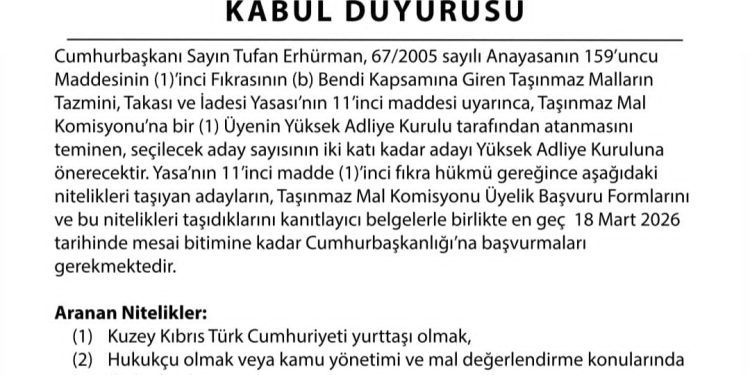 Cumhurbaşkanlığı’ndan Taşınmaz Mal Komisyonu üyeliği için hatırlatma
